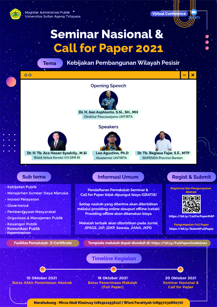 Seminar Nasional &  Call For Paper 2021  Kebijakan Pembangunan Wilayah Pesisir  Program Studi Magister Administrasi Publik  Pascasarjana Universitas Sultan Ageng Tirtayasa